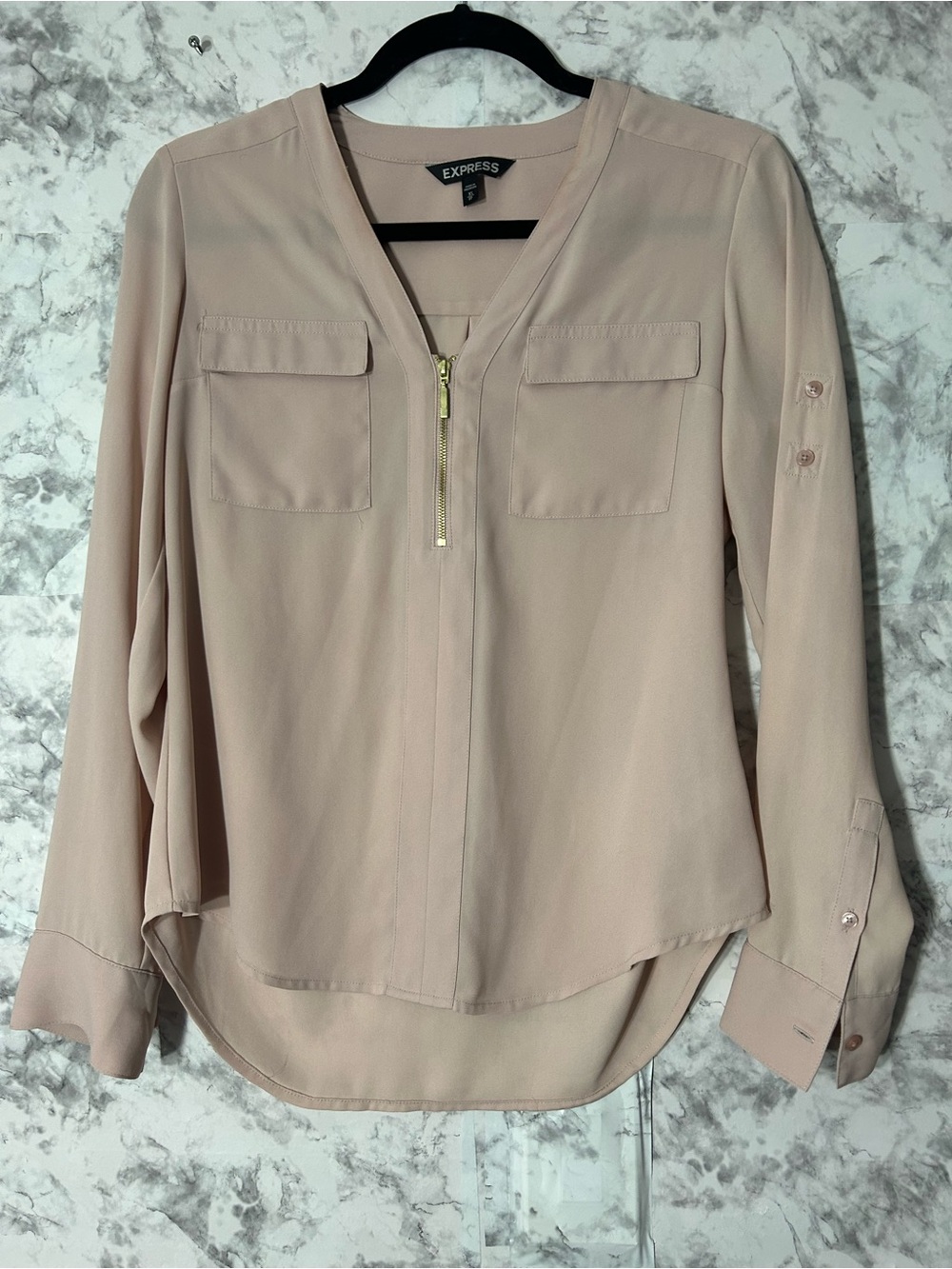 Express Blush Pink Zip-Front Long Sleeve Blouse.  55